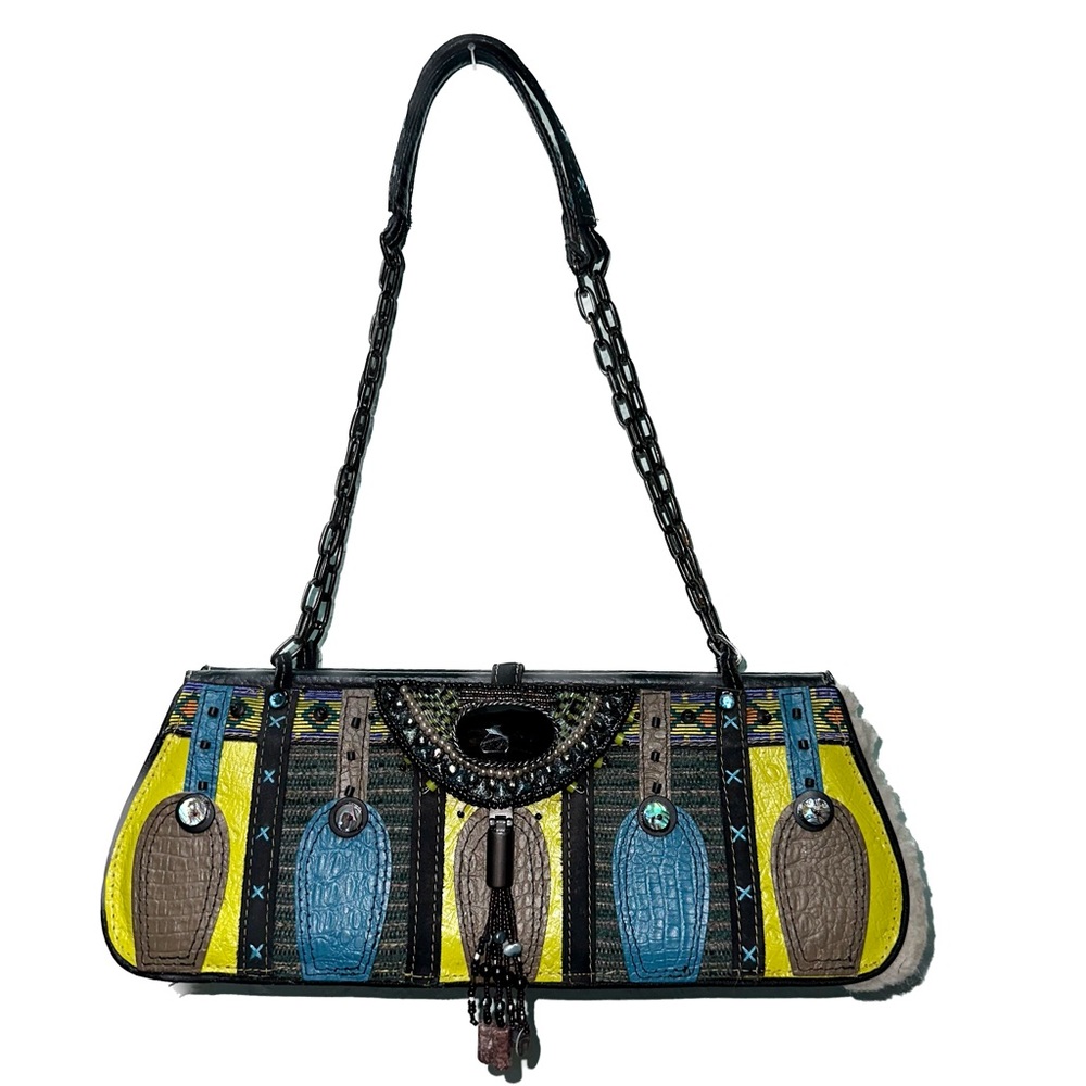 Mary Frances Vintage Lime Green Blue Ostrich Leather Sherpa Beaded Aztec Purse